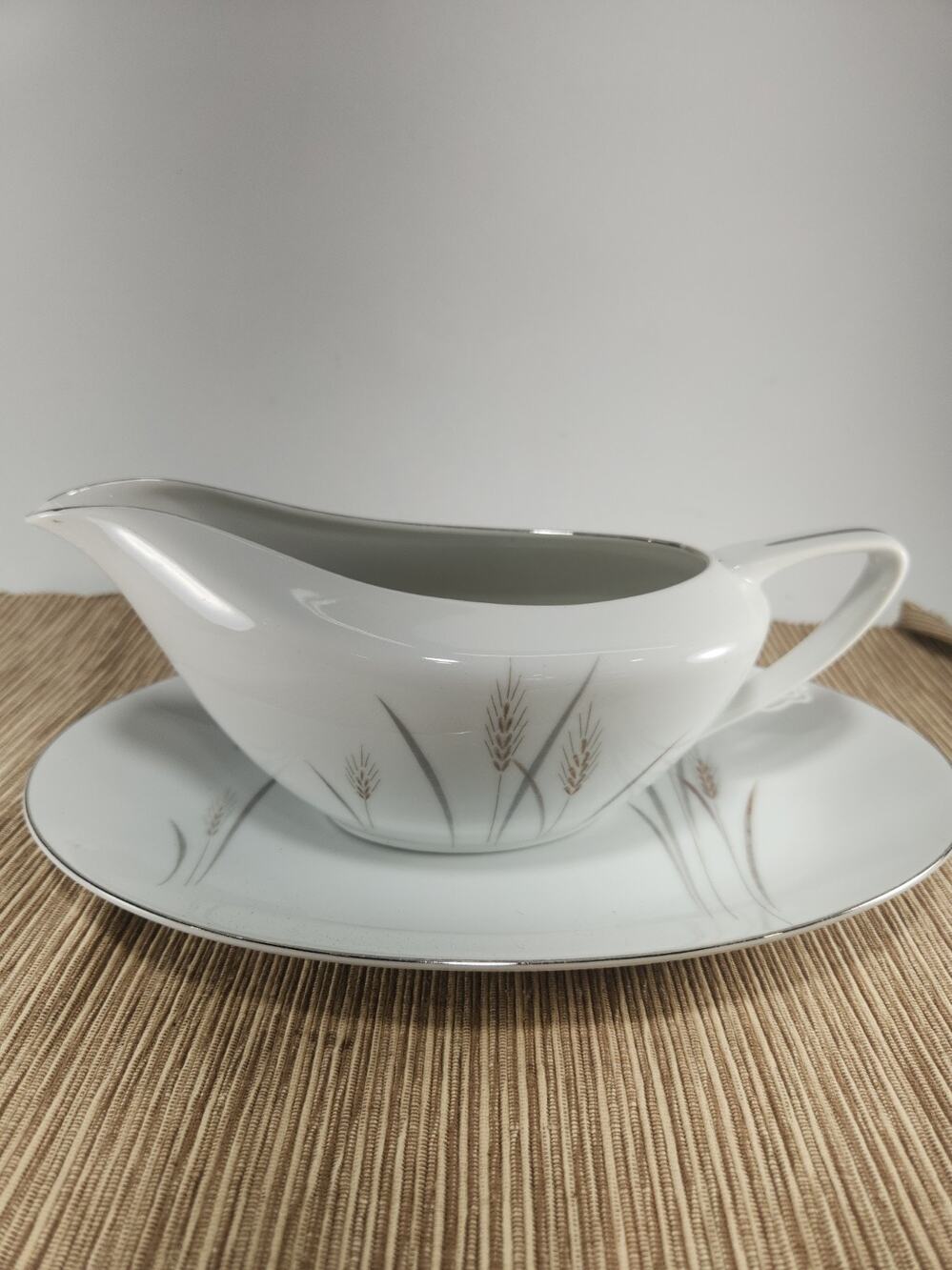 Vintage Platinum Wheat Fine China Japan Gravy Boat Underplate Silver Trim MCM